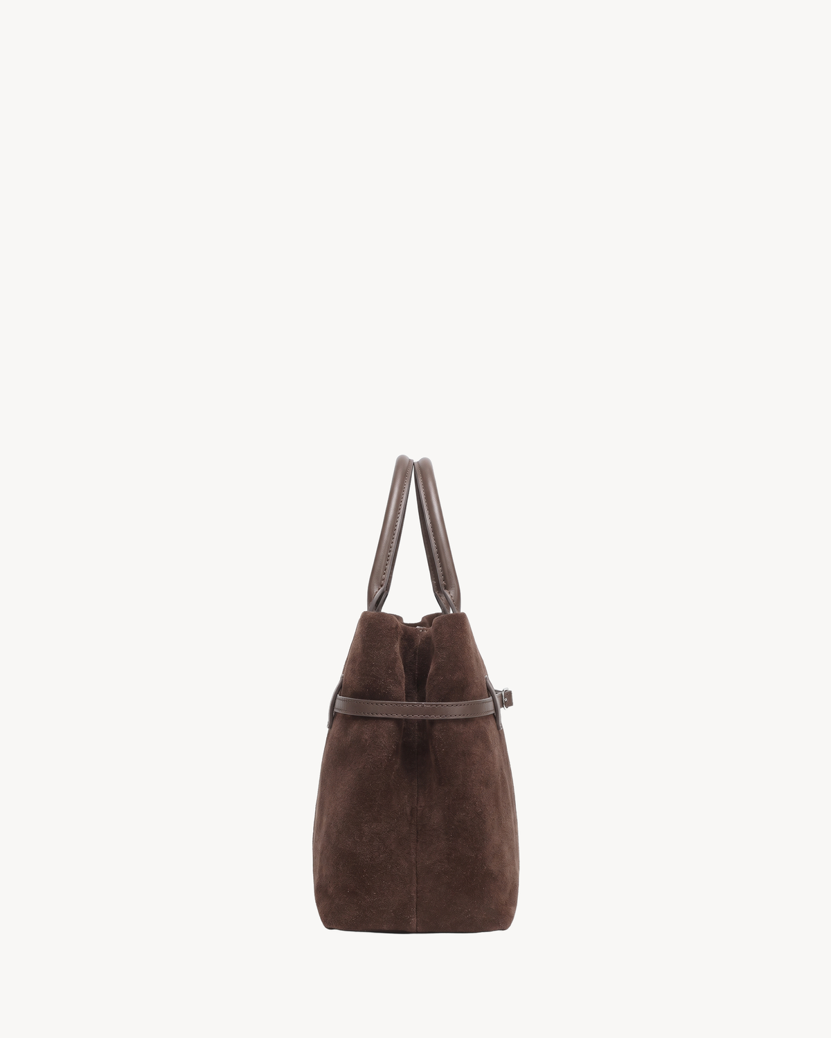 The Brume Belted Tote in Chocolate, side view showing depth