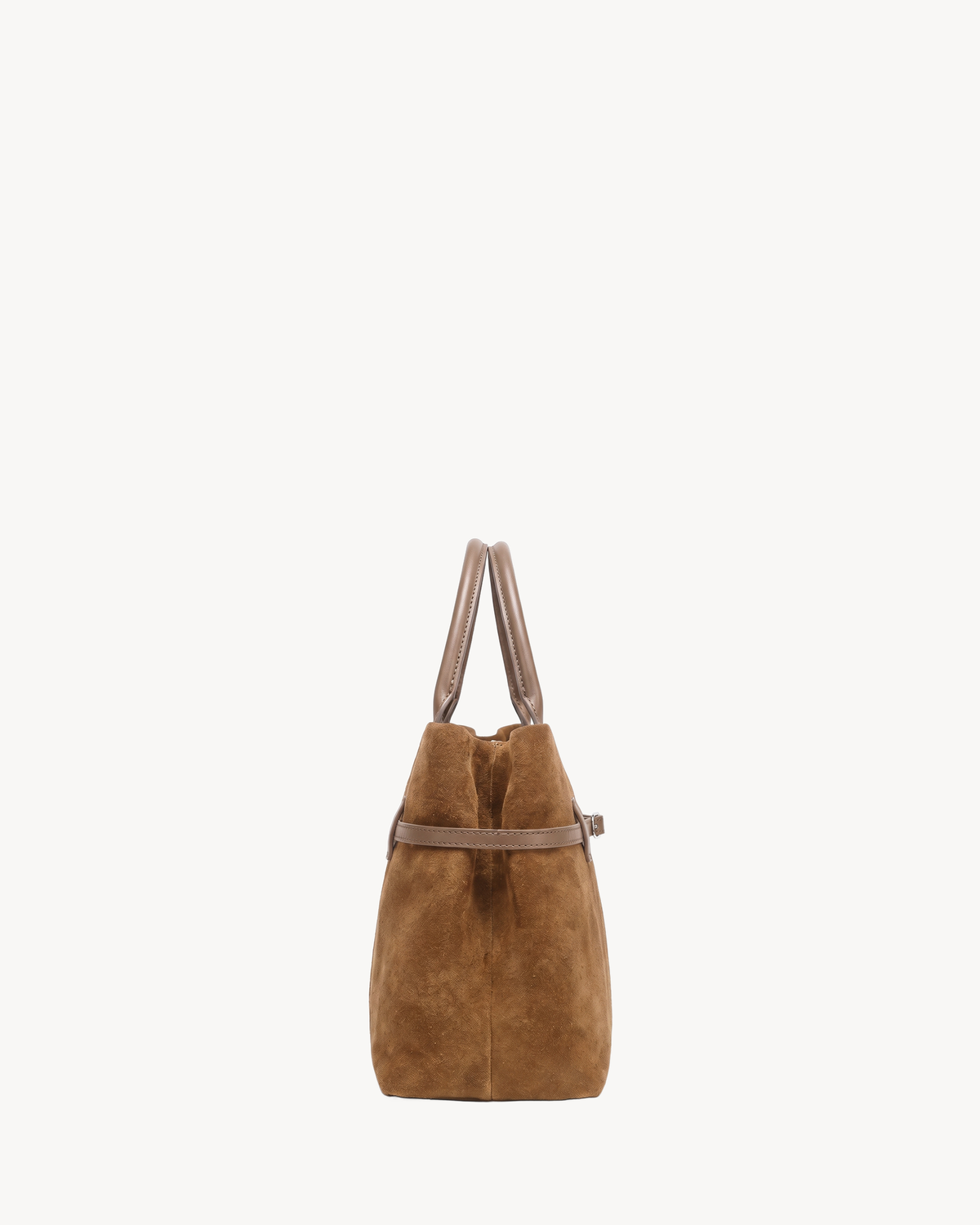 The Brume Belted Tote in Tabac, side view showing depth