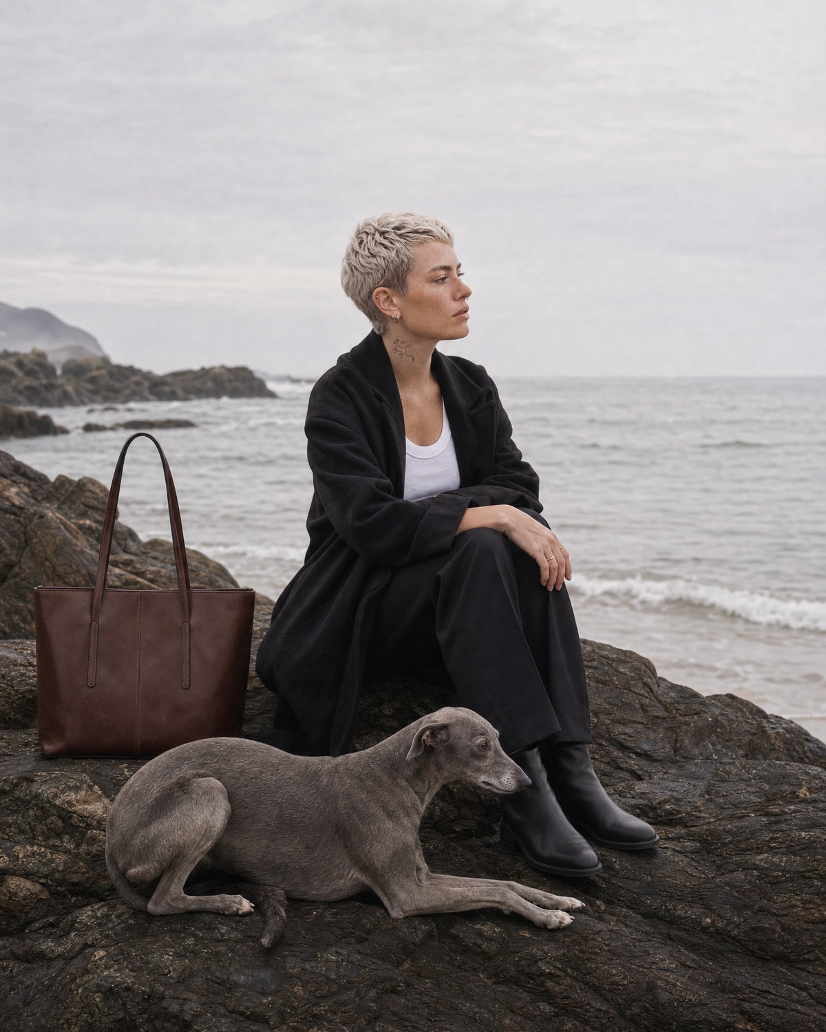 Woman and her whippet on the rocks by the sea with The Marée Grand in Espresso