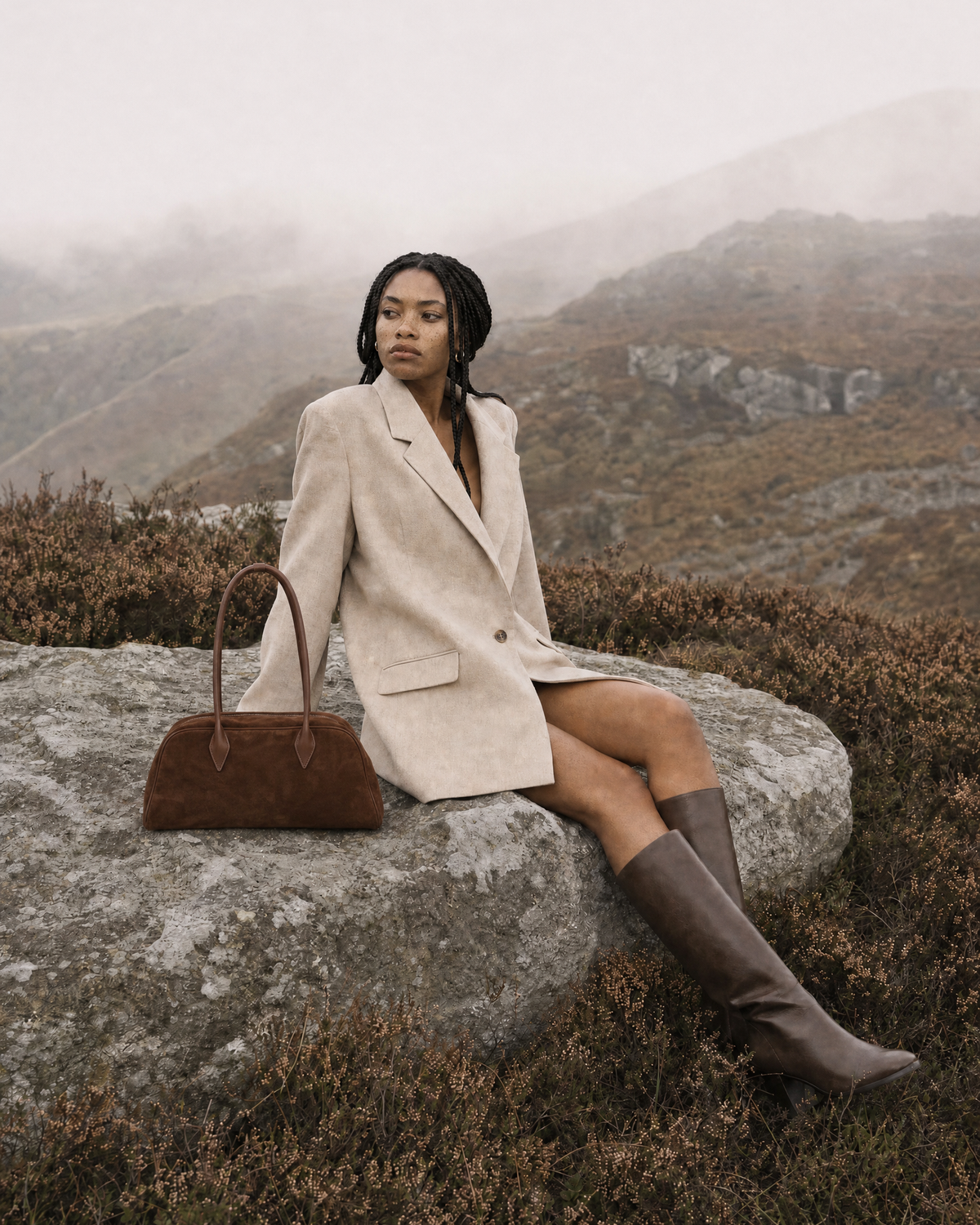 Woman sitting on a boulder beside The Brume East-West in Chocolate