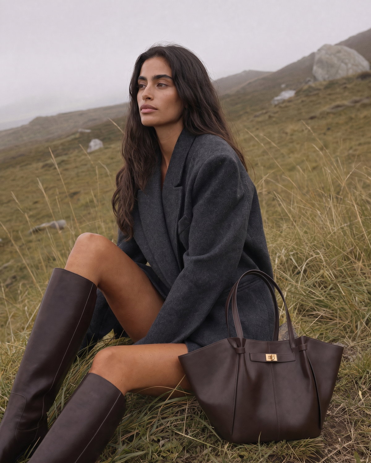 Woman sitting on a misty hillside looking away, The Aurore Wing in Espresso beside her