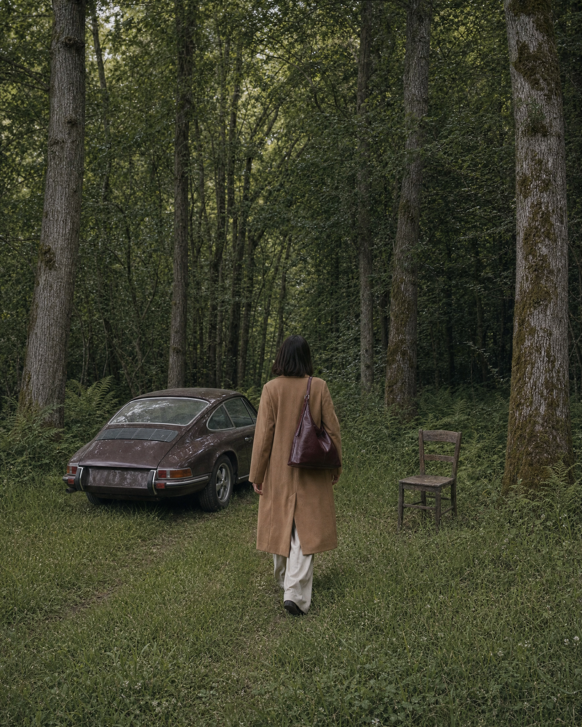 Woman walking into the forest with The Houle in Bordeaux on her shoulder