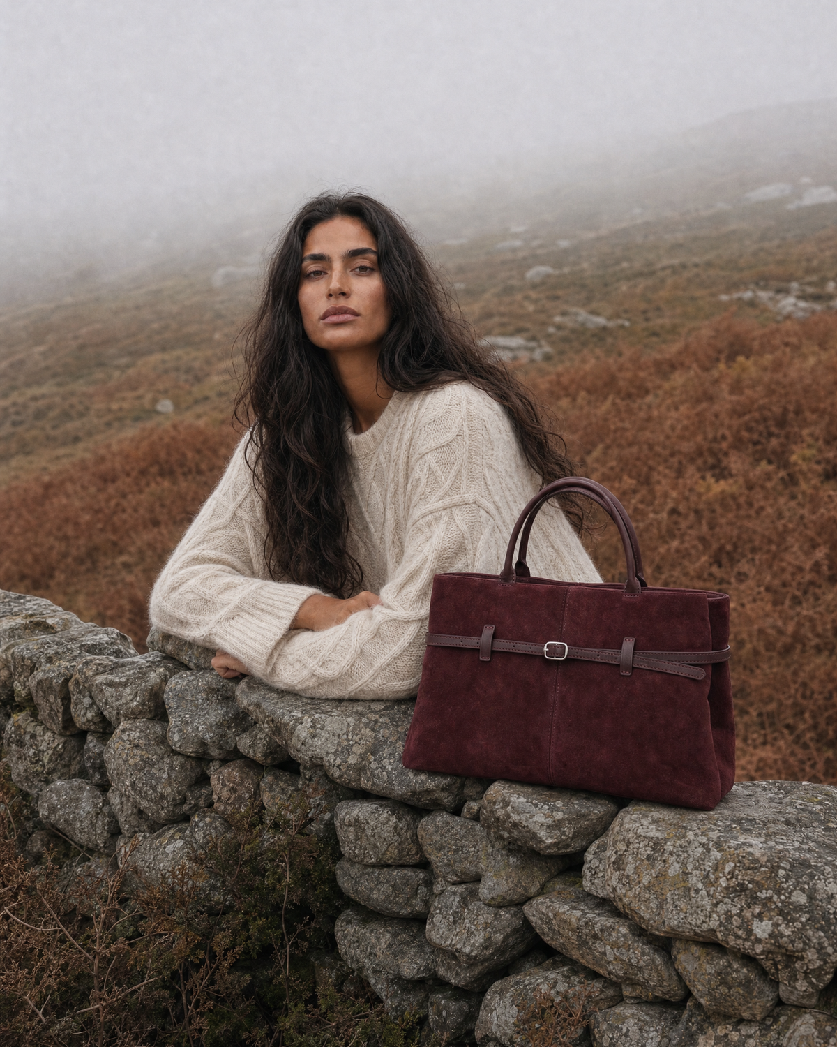 Woman by a dry-stone wall with The Brume Belted Tote in Bordeaux