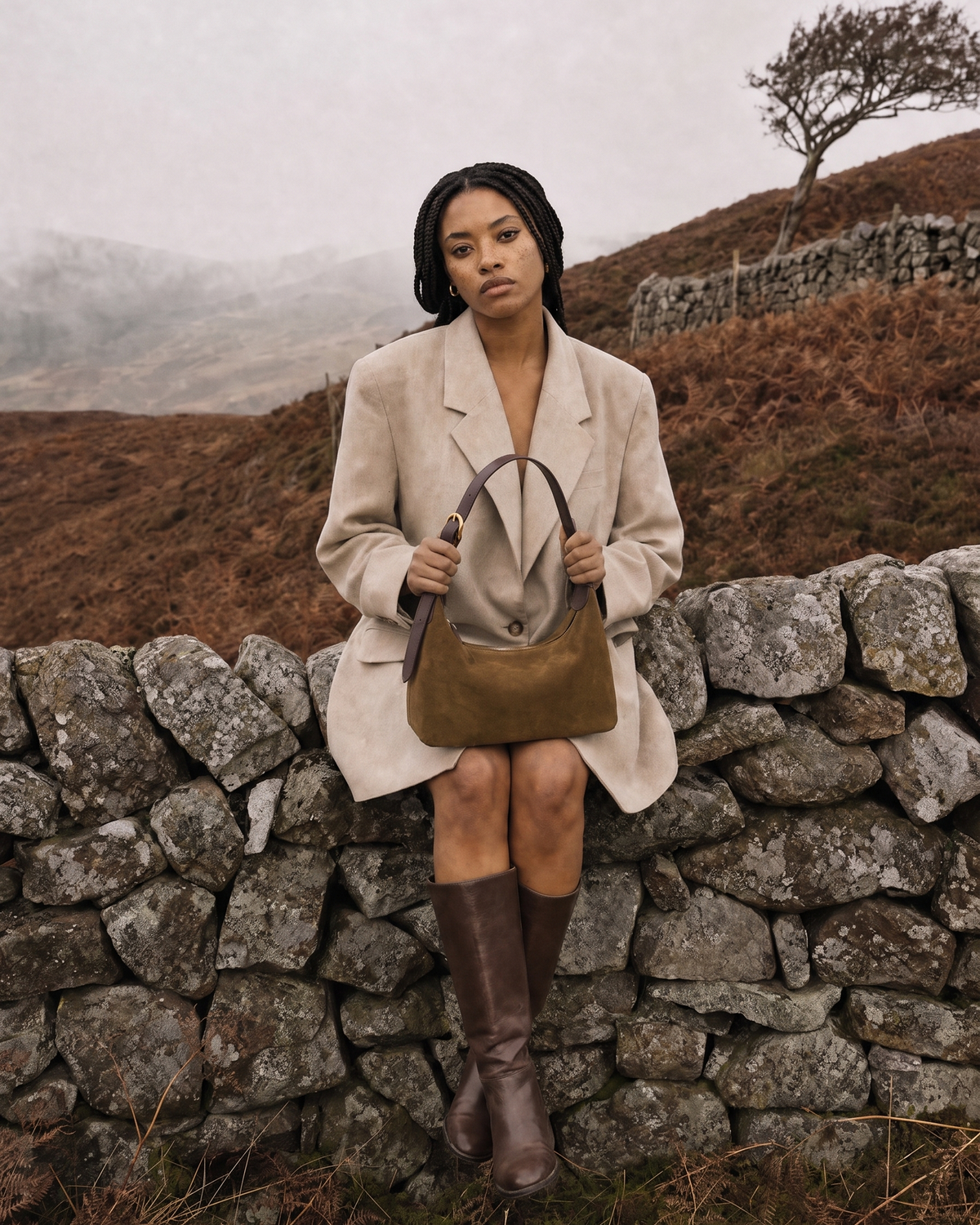 Woman sitting on a dry-stone wall holding The Brume Petite in Tabac