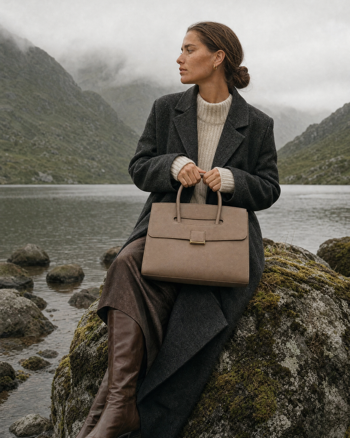 Woman sitting on a mossy boulder with The Aurore Briefcase in Sable on her lap