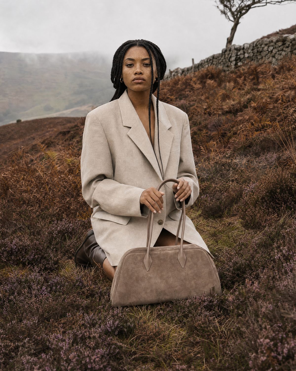Woman kneeling in the heather with The Brume East-West in Galet