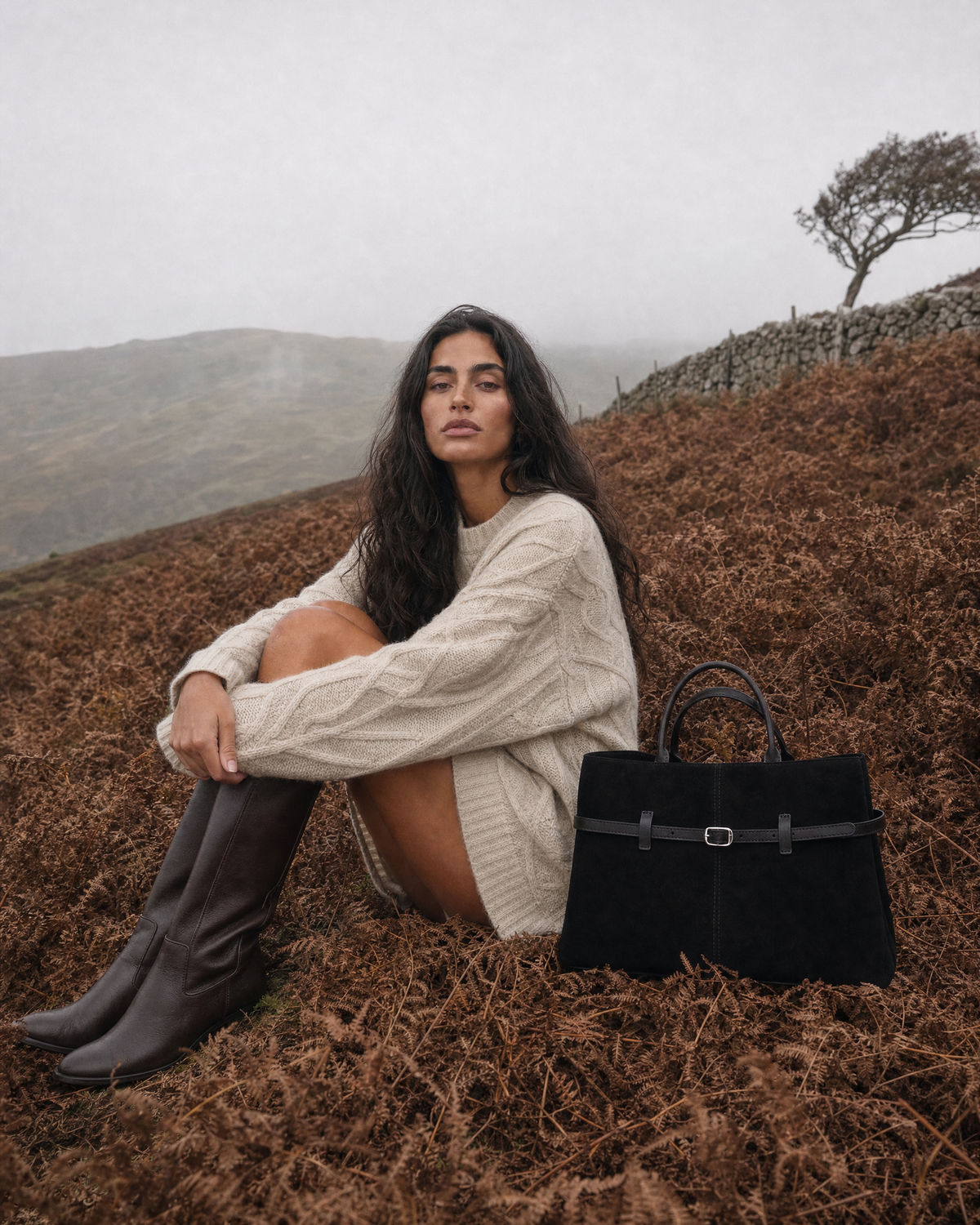 Woman by a dry-stone wall with The Brume Belted Tote in Noir