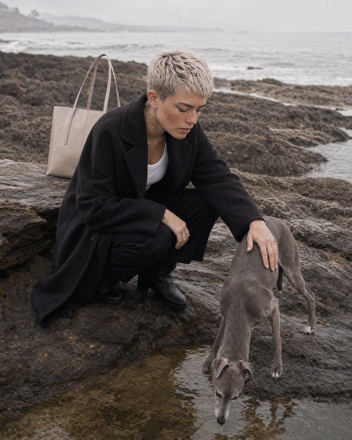 Woman crouching by a tidal pool with her whippet and The Marée Grand in Galet