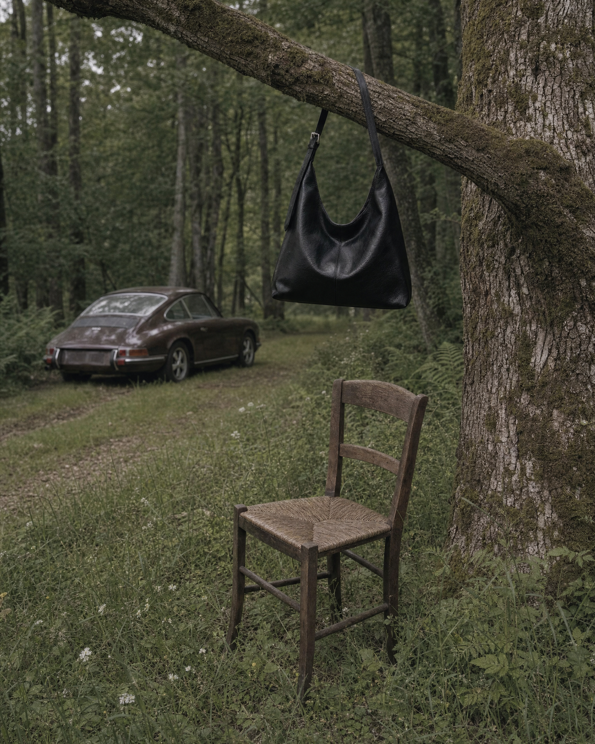 The Houle in Noir hanging from an oak branch at the edge of a forest
