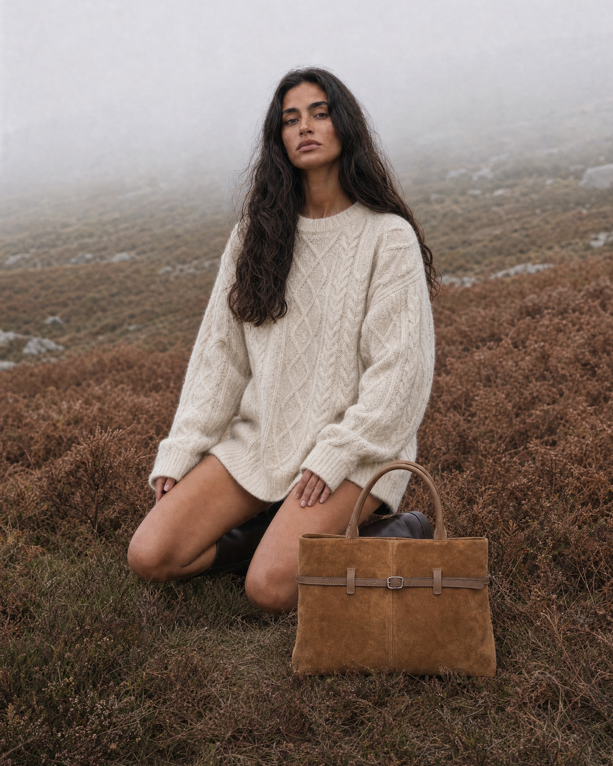Woman by a dry-stone wall with The Brume Belted Tote in Tabac
