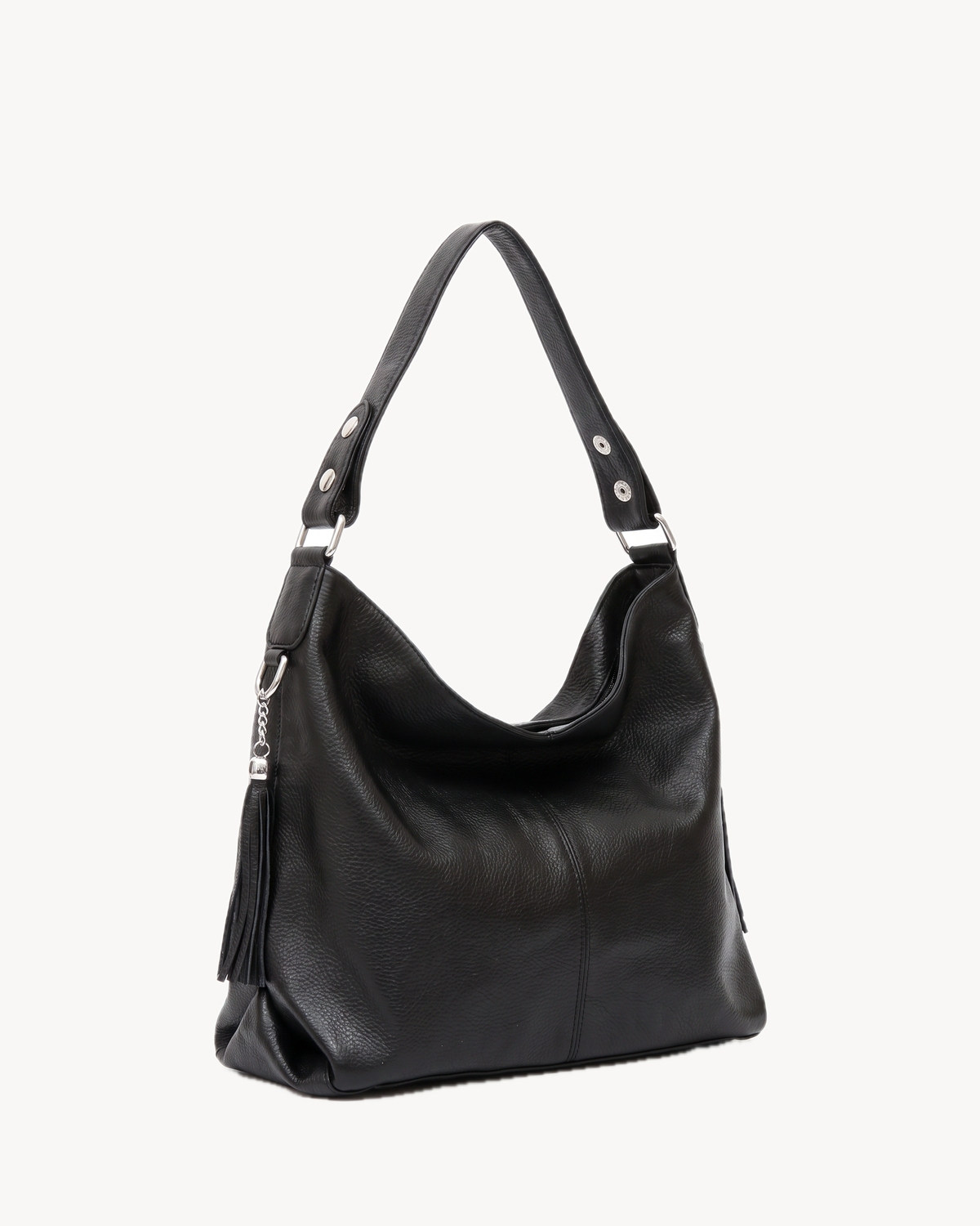 The Houle Soft in Noir, black pebbled leather hobo bag, three-quarter view