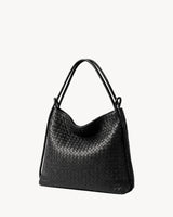 The Embellie in Noir Mat, matte black woven leather convertible tote, three-quarter view