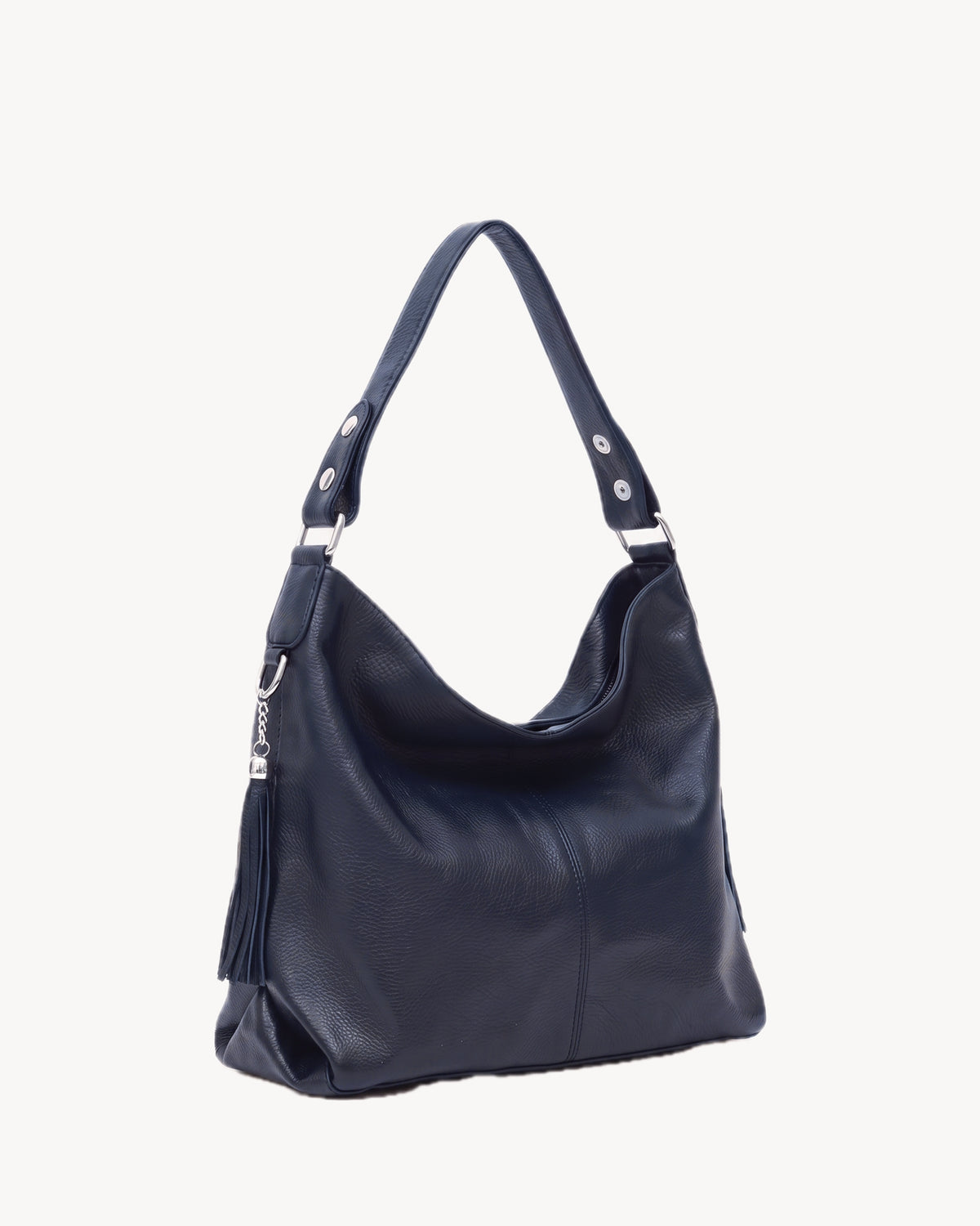 The Houle Soft in Nuit, midnight navy grained leather hobo bag, three-quarter view