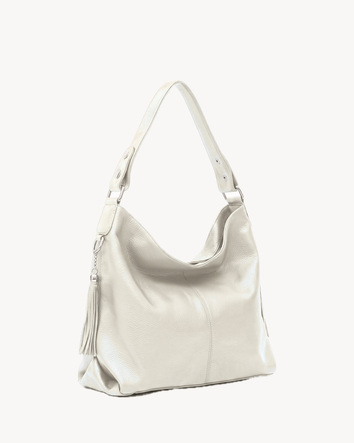 The Houle Soft in Sable, ivory sand pebbled leather hobo bag, three-quarter view