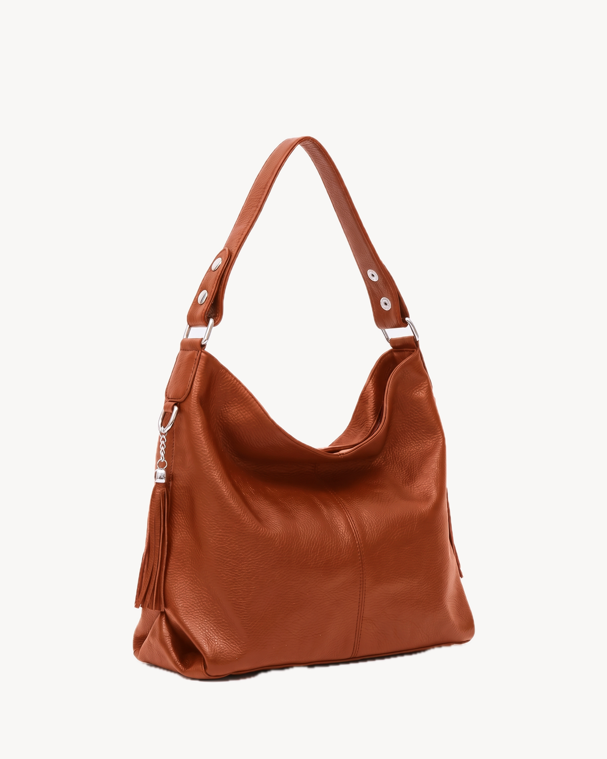 The Houle Soft in Cognac, cognac brown pebbled leather hobo bag, three-quarter view