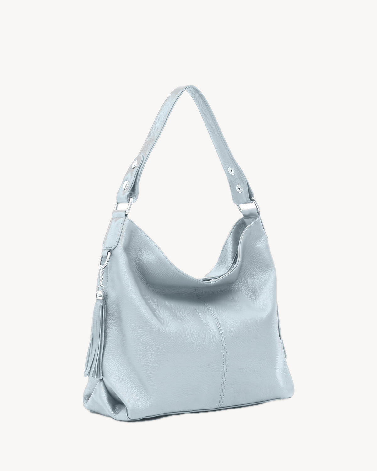 The Houle Soft in Ciel, powder sky blue grained leather hobo bag, three-quarter view
