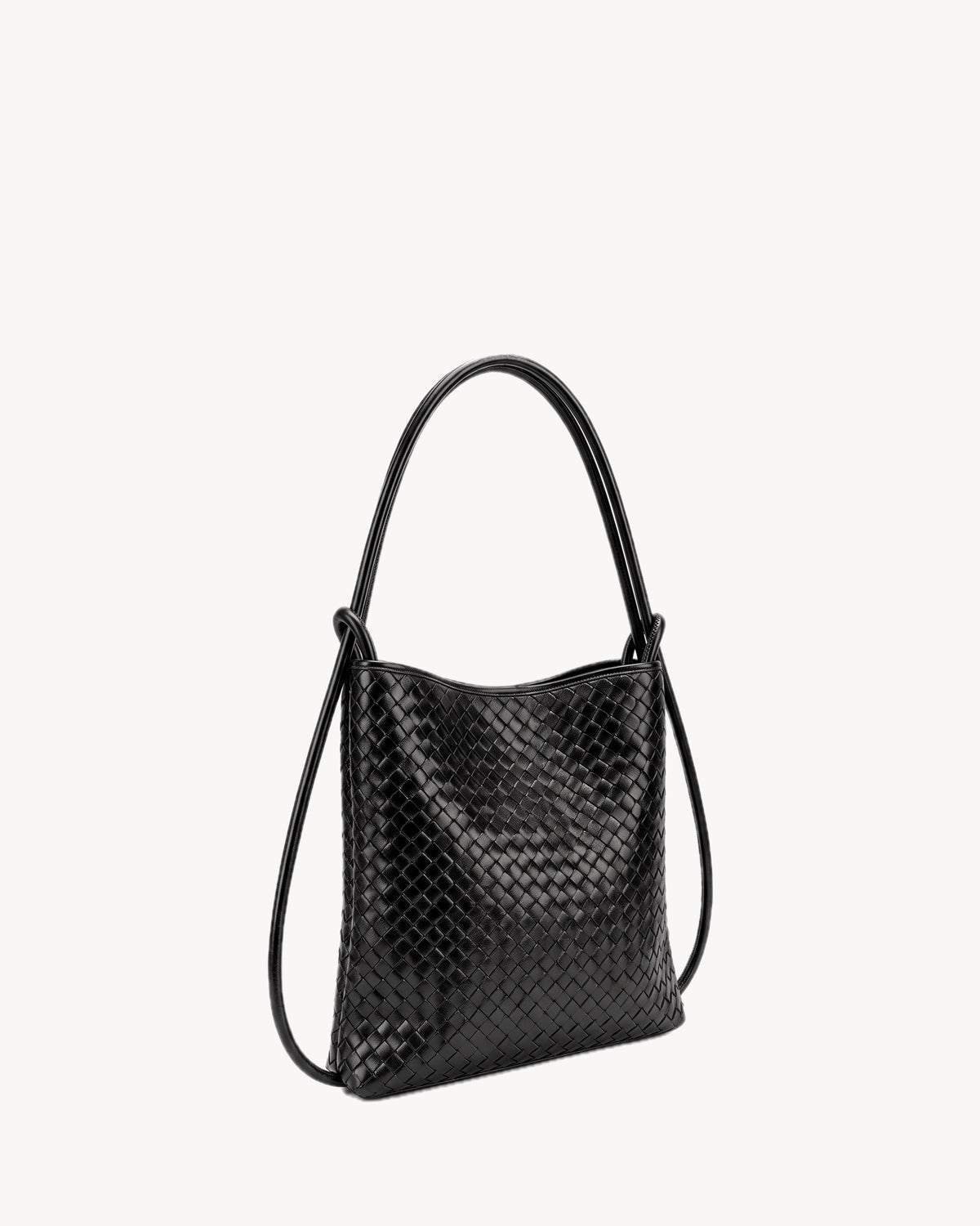 The Embellie Mini in Noir, glossy black woven leather convertible tote, three-quarter view