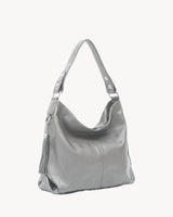 The Houle Soft in Galet, pebble grey pebbled leather hobo bag, three-quarter view