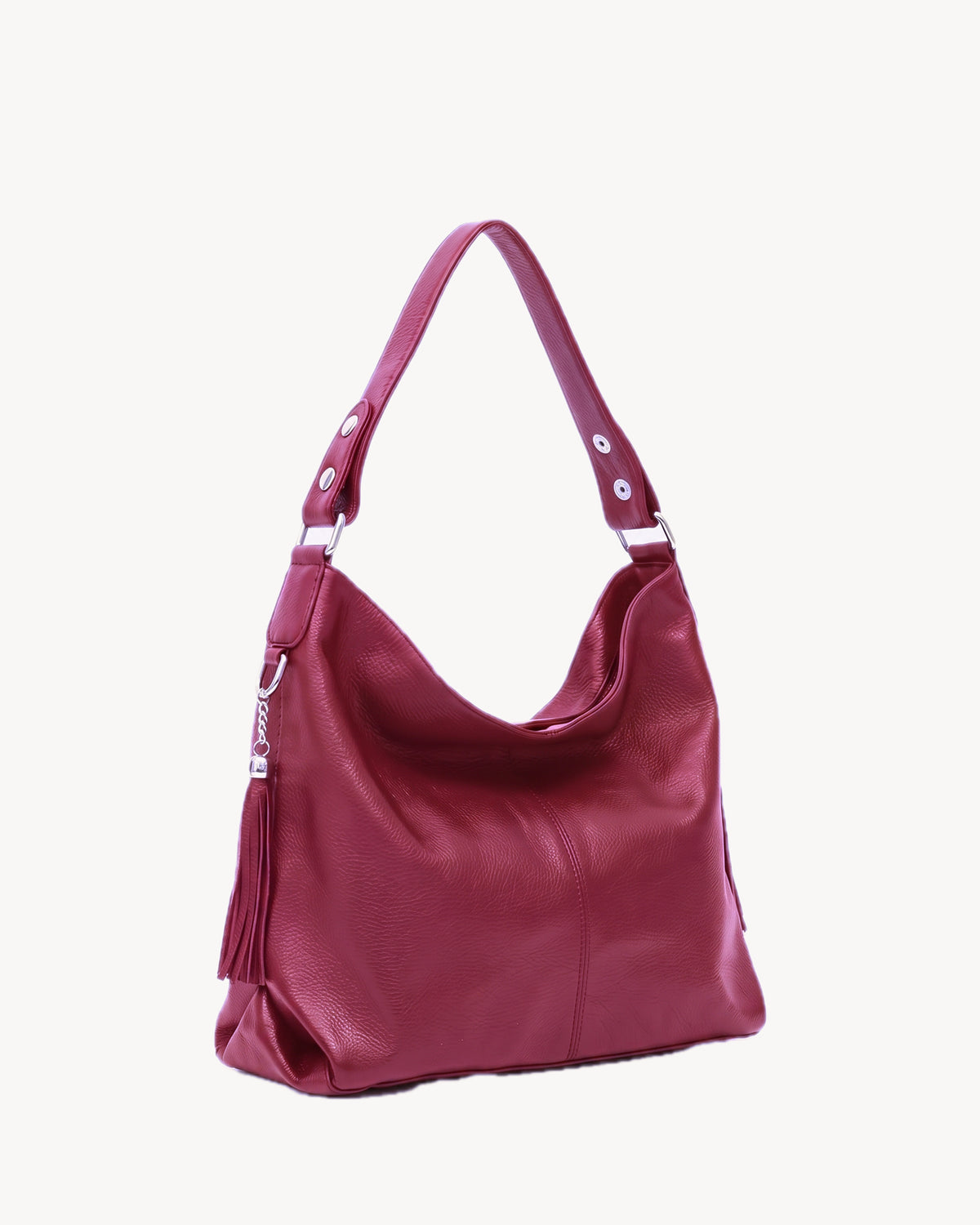 The Houle Soft in Bordeaux, berry bordeaux pebbled leather hobo bag, three-quarter view