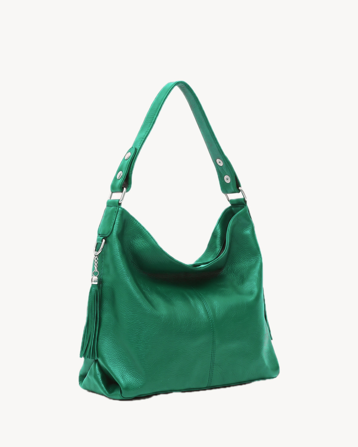 The Houle Soft in Forêt, emerald green pebbled leather hobo bag, three-quarter view