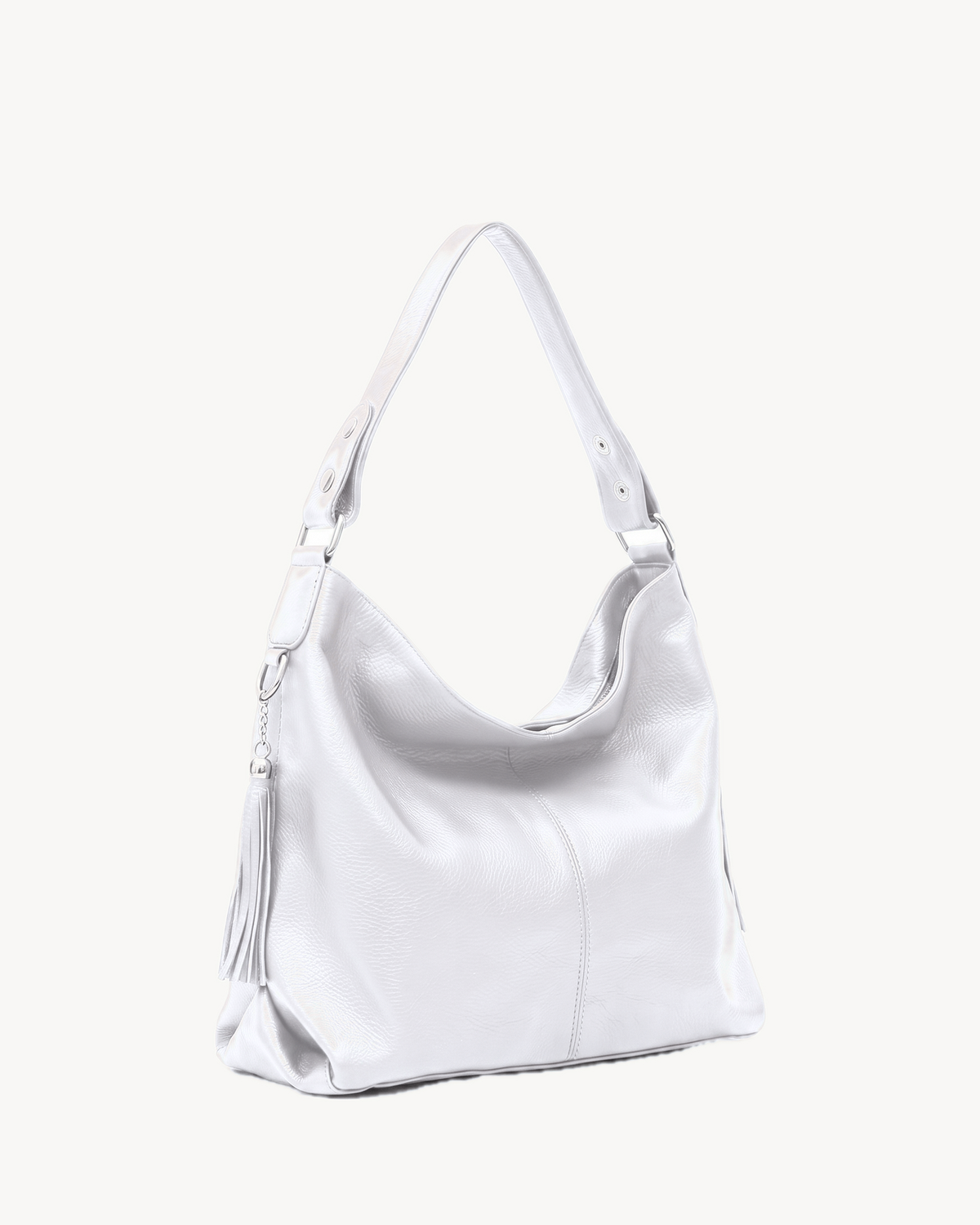 The Houle Soft in Écru, off-white pebbled leather hobo bag, three-quarter view