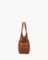 The Estran in Cognac, side view with snap pocket