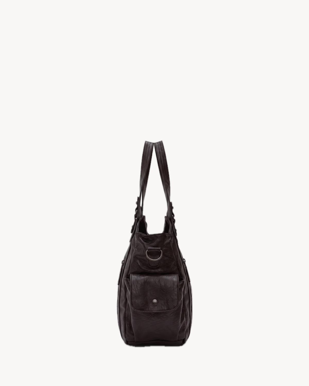The Estran in Espresso, side view with snap pocket
