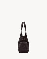 The Estran in Espresso, side view with snap pocket