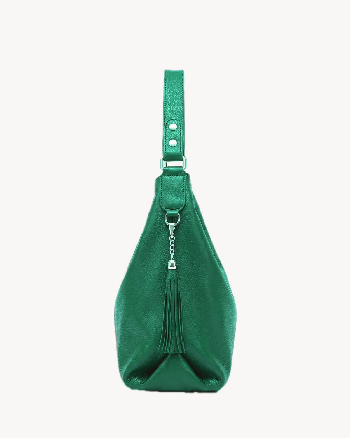 The Houle Soft in Forêt, emerald green pebbled leather hobo bag, side view with leather tassel