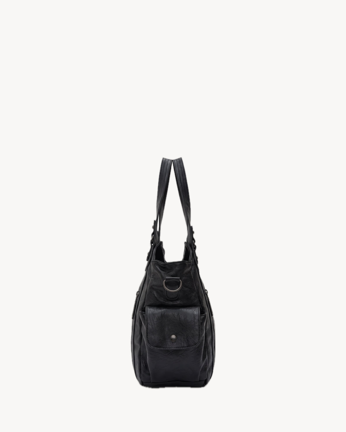 The Estran in Noir, side view with snap pocket