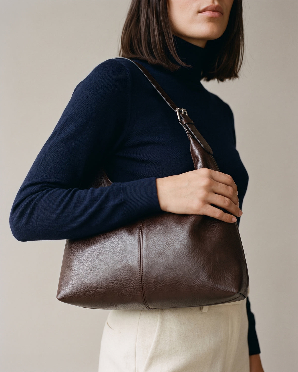 The Houle in Espresso, worn on the shoulder