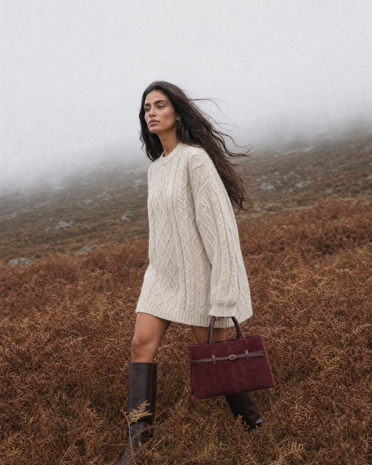 Woman walking across the heather with The Brume Belted Tote in Bordeaux