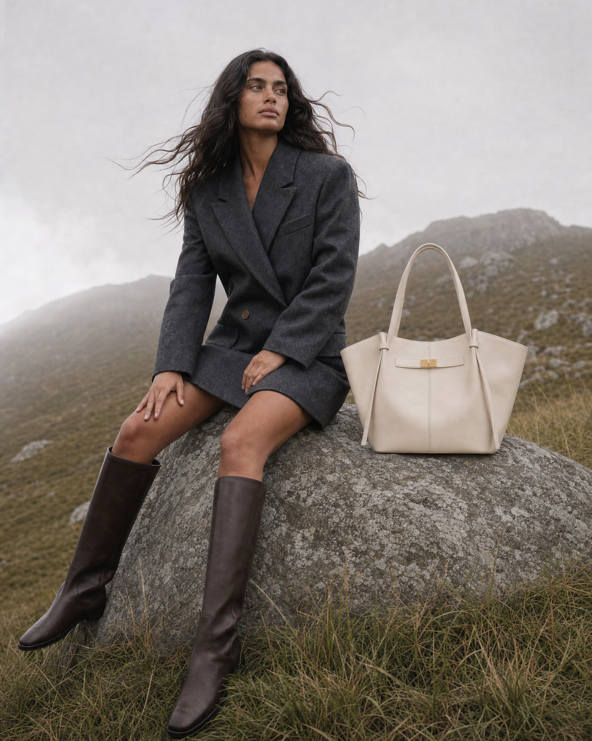 Woman on a misty hillside with The Aurore Wing in Écru