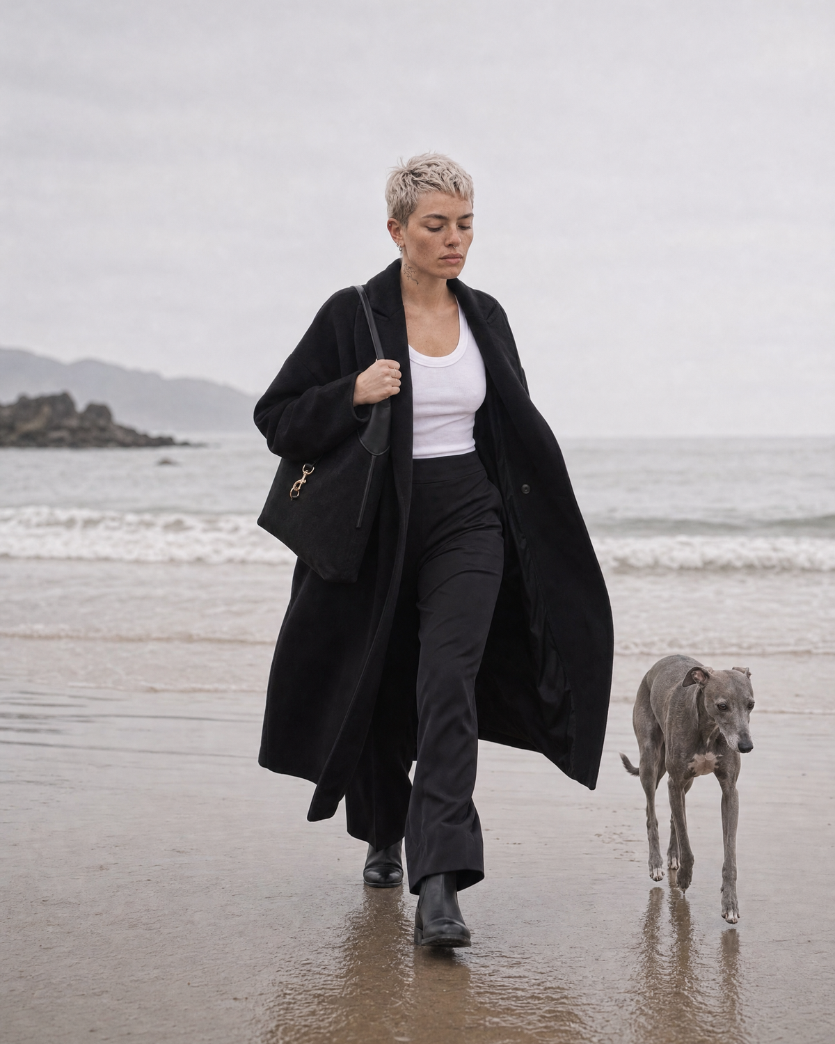 Woman walking on the beach with her whippet and The Brume Clip Hobo in Noir