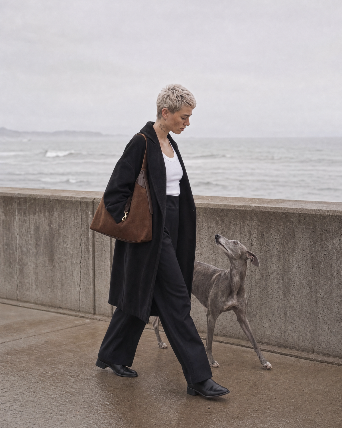 Woman walking her whippet on a sea wall with The Brume Clip Hobo in Chocolate