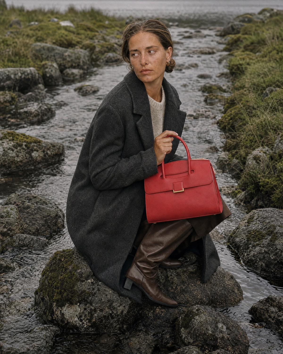Woman crouching in a moorland stream with The Aurore Briefcase in Rouge