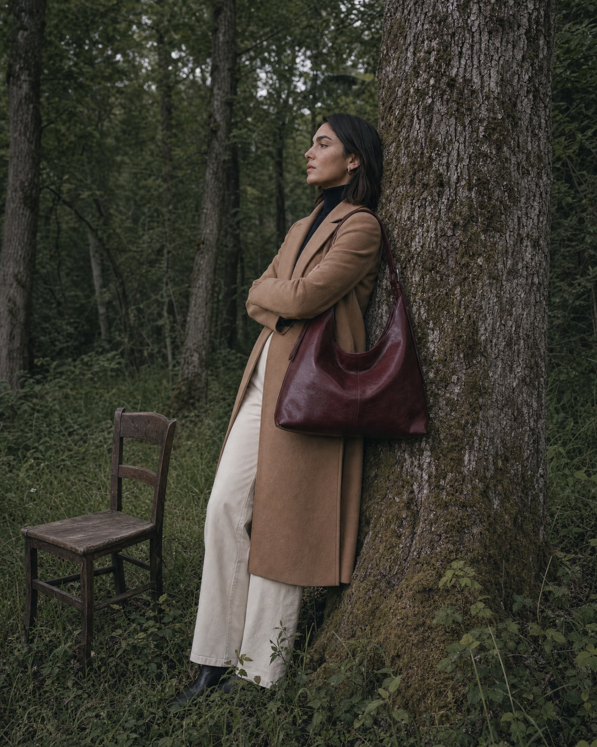 Woman leaning against an old oak with The Houle in Bordeaux