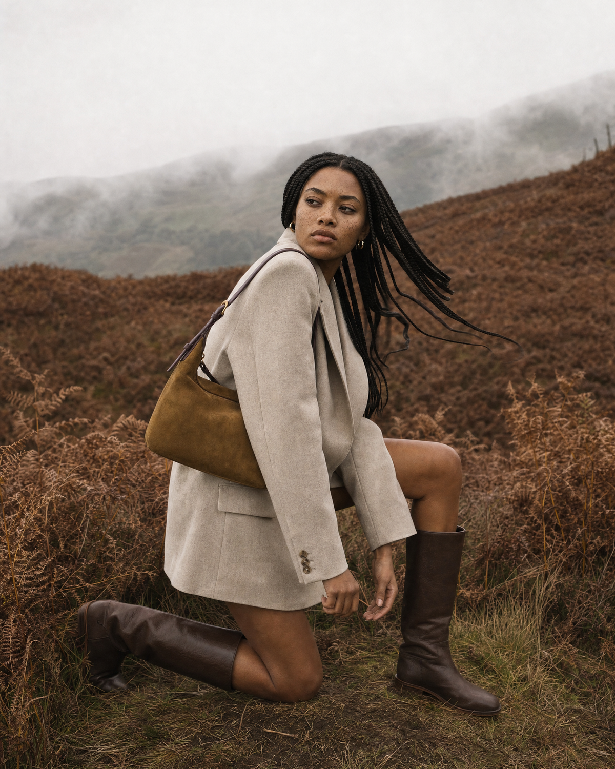 Woman kneeling in the bracken with The Brume Petite in Tabac