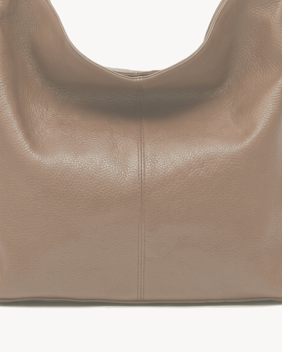 The Houle Soft in Taupe, close-up of the pebbled taupe vegan leather and centre seam