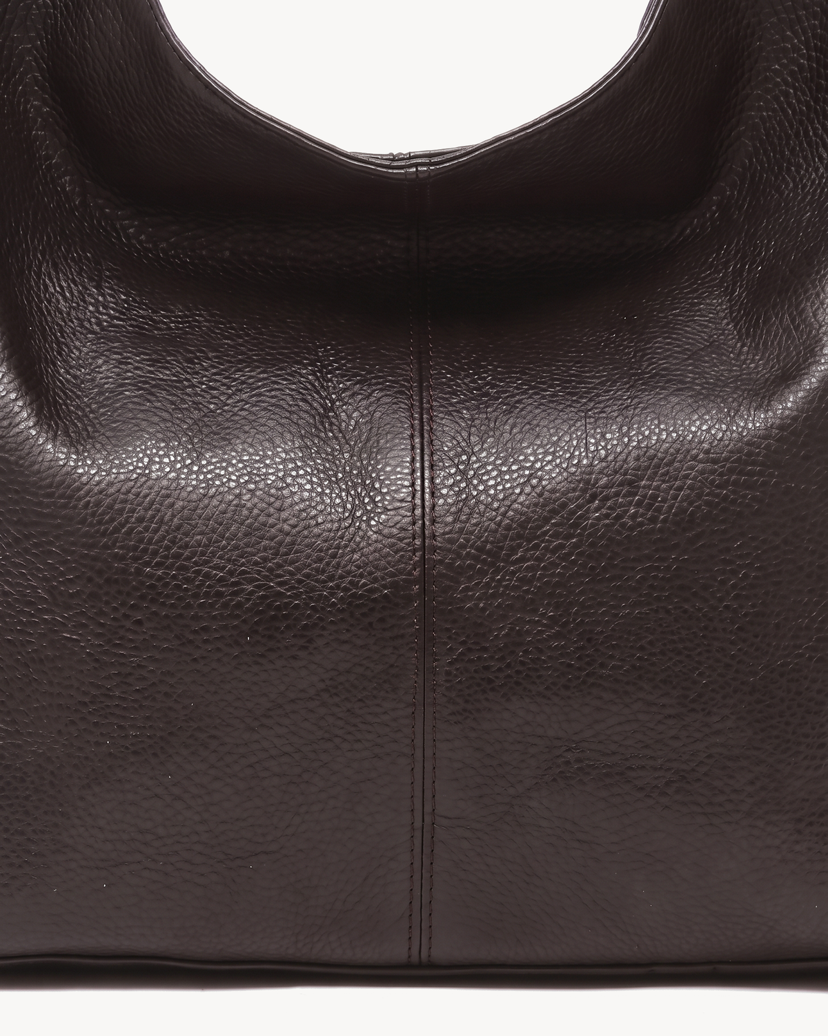 The Houle Soft in Espresso, close-up of the pebbled espresso brown leather and centre seam
