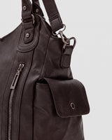 The Estran in Espresso, side snap pocket and strap ring