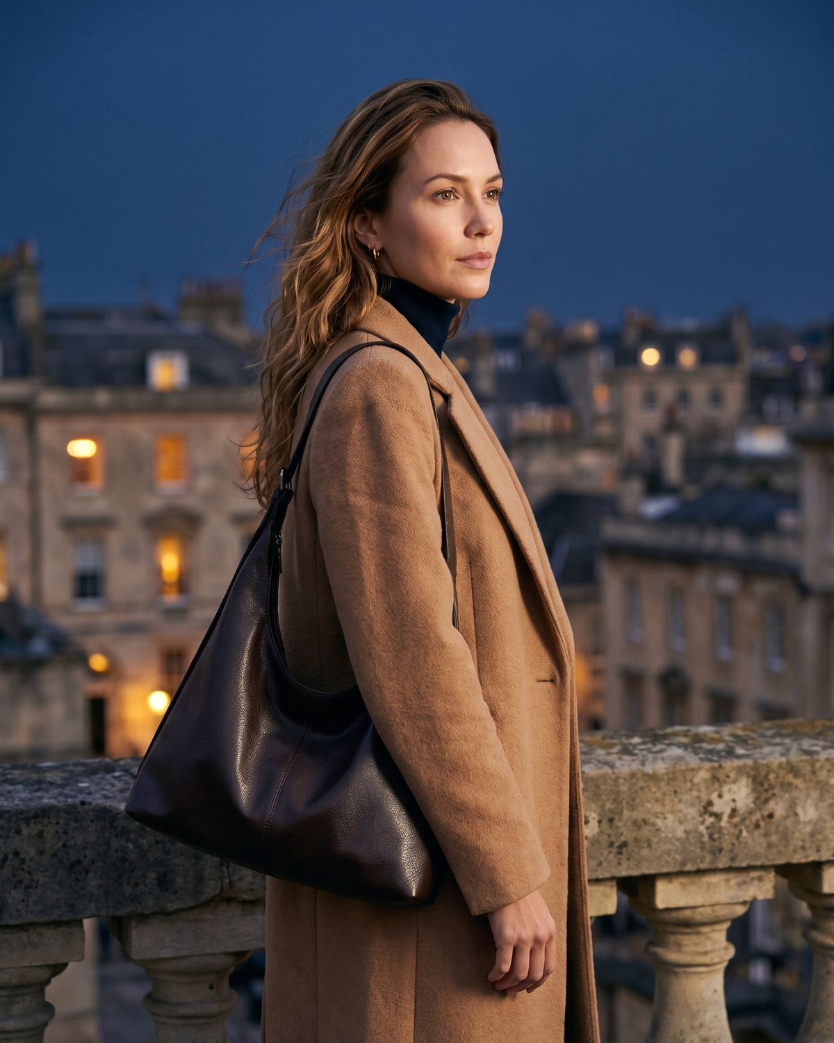 The Houle in Espresso, worn with a camel coat