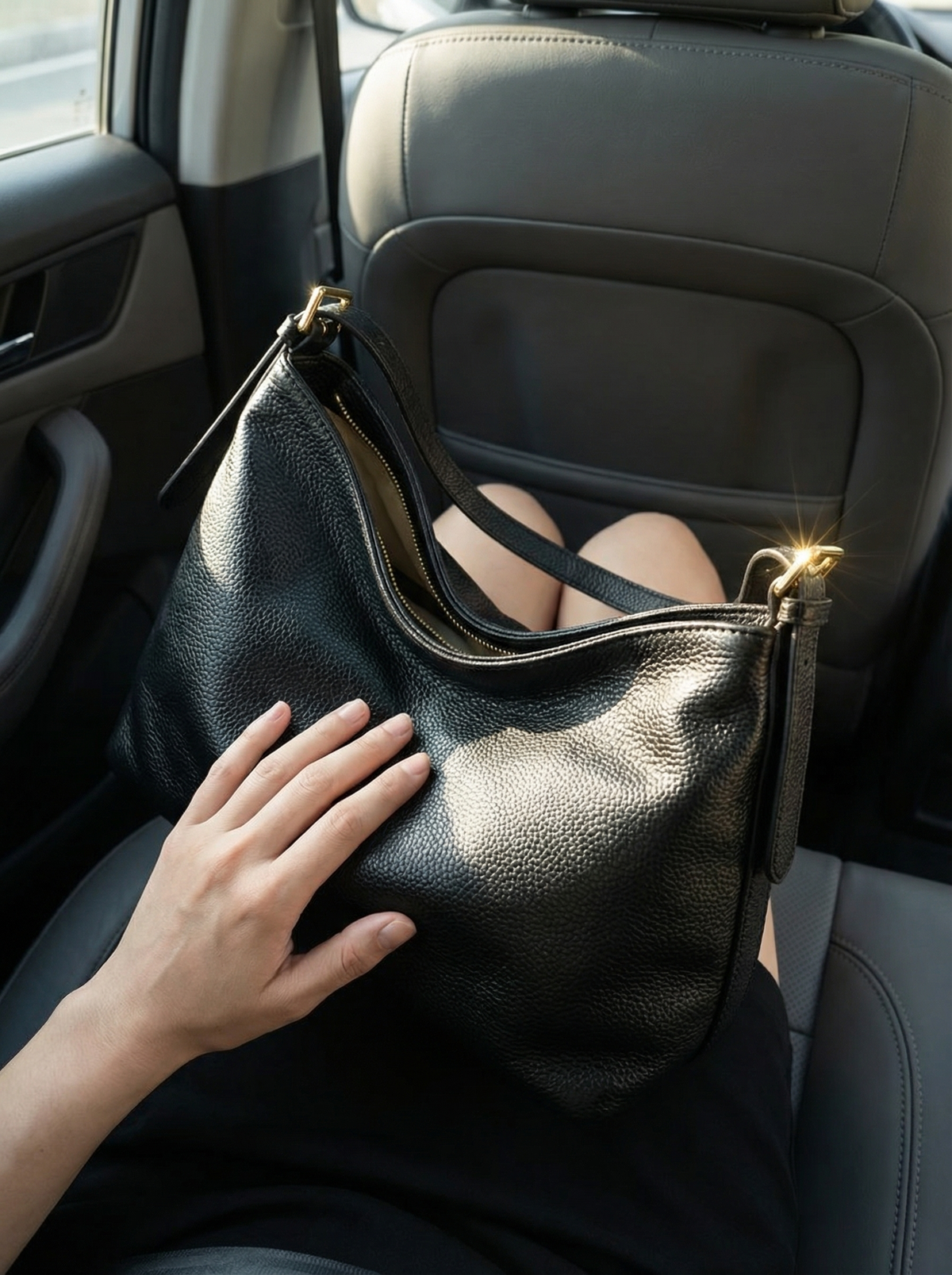 Woman in a car with The Houle Petite in Noir on her lap