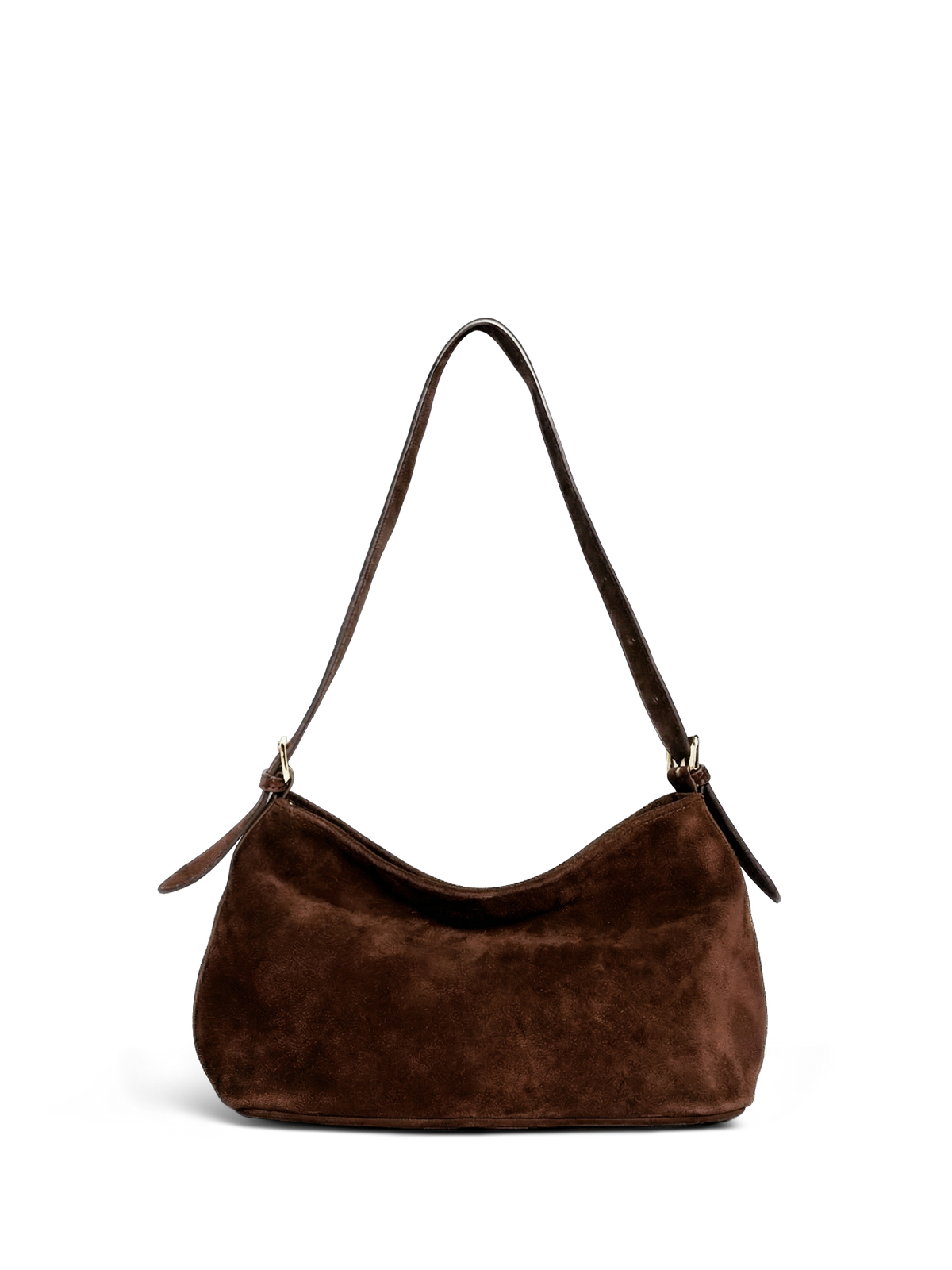 The Houle Petite Suede in Chocolate, front view on a black background