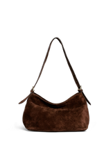 The Houle Petite Suede in Chocolate, front view on a black background
