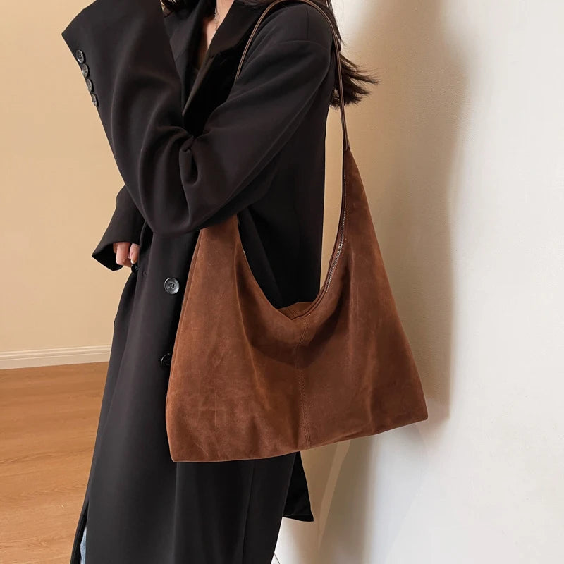 2025 NEW YCH Fashion Single Shoulder Suede Leather Bag Deer Skin Velvet Water Resistant Zipper Closure Small Versatile Tote for