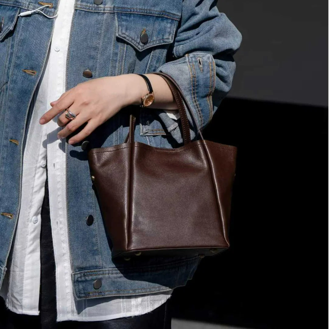 Wholesale Vegetable Tanned Cowhide Women's Handbags Bucket Bags Simple Fashion Genuine Leather Ladies Bags