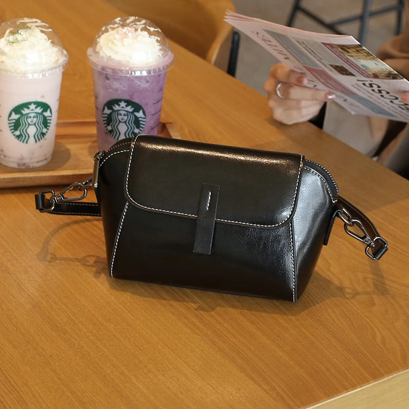 Olie-wax koeienhuid echt lederen schoudertas crossbody kleine tas voor dames, modieus, veelzijdig, shell tas, casual telefoontas