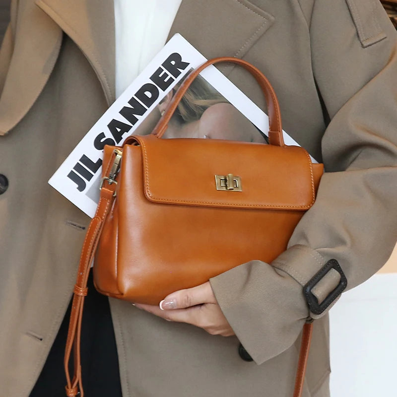 Echt lederen crossbodytas met handvat aan de bovenkant voor dames, vintage oliewasleren schoudertas, kleine luxe designer handtas