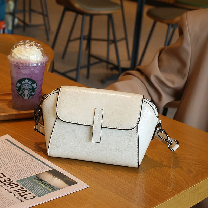 Olie-wax koeienhuid echt lederen schoudertas crossbody kleine tas voor dames, modieus, veelzijdig, shell tas, casual telefoontas